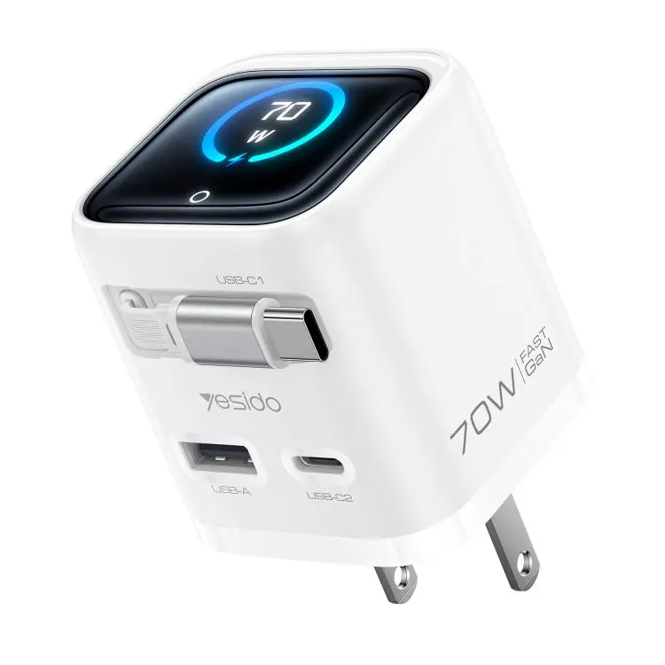 Yesido YC28U 70W GaN TFT Display Fast Charger with Retractable Type-C Cable, Plug