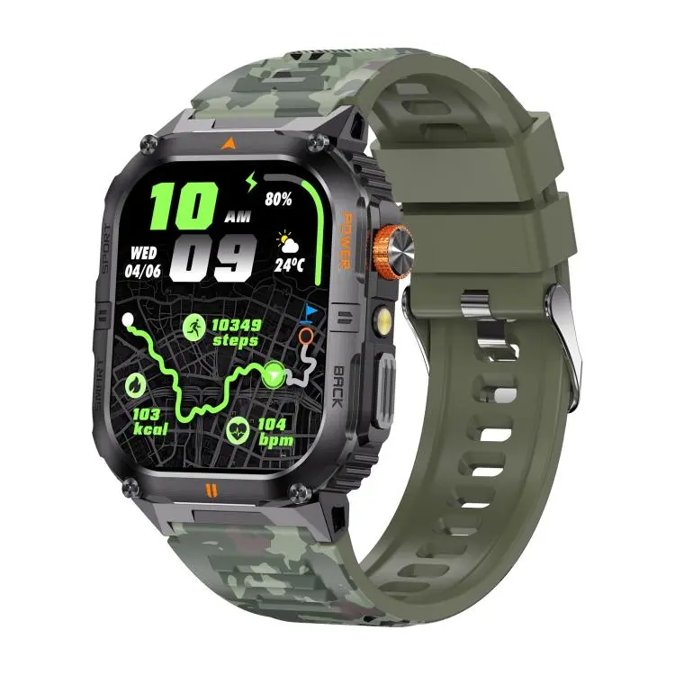 YK12 2.0 inch Screen Outdoor Sports Smart Watch IP68 Waterproof Built-in Flashlight(Camouflage Green)