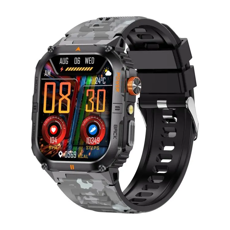 YK12 2.0 inch Screen Outdoor Sports Smart Watch IP68 Waterproof Built-in Flashlight(Camouflage Grey)