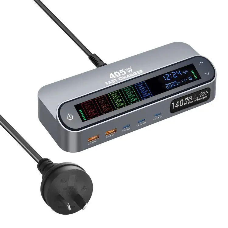 YMX-LCD405W 405W 3xType-C and 2xUSB GaN Smart Digital Display Multi-Function Charger(AU Plug)