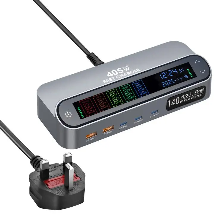YMX-LCD405W 405W 3xType-C and 2xUSB GaN Smart Digital Display Multi-Function Charger(UK Plug)